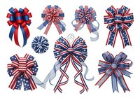 Patriotic ribbon bows in red, white and blue stripes isolated on white background. Perfect for Fourth of July, Memorial Day and Independence Day designs, invitations and decorations.