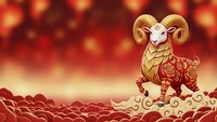 Golden ram with ornate patterns on red gradient background with bokeh lights for Chinese New Year celebrations and zodiac themed designs.