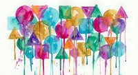 Colorful watercolor geometric shapes with dripping paint effect on white background. Abstract art composition with triangles, circles and squares in bright hues.