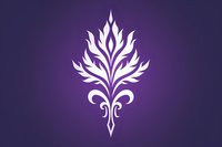 White ornamental floral pattern with symmetrical flame-like leaves and curled elements on deep purple background, suitable for luxury branding and decorative design.