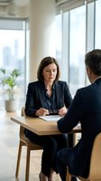 Professional middle-aged Caucasian businesswoman in dark suit conducting serious meeting with male colleague at modern office table near large windows.