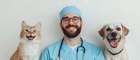 Cheerful veterinarian in scrubs and stethoscope posing with happy cat and dog patients, showcasing professional pet healthcare and veterinary clinic services.