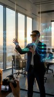 Businessman using augmented reality glasses interacting with holographic data interface in modern office environment for futuristic technology presentation.