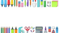 Assorted office and school supplies including markers, pens, pencils, erasers, scissors, calculator, and sticky notes isolated on white background for design projects.