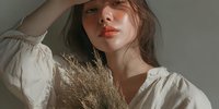 Young woman with long brown hair holding dried pampas grass in white linen shirt, natural lighting portrait for lifestyle and home decor concepts.