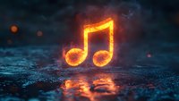 Glowing musical note symbol burning with orange fire and smoke on dark wet surface with reflection, dramatic lighting for music and entertainment concepts.
