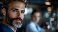 Confident mature Caucasian businessman with gray beard smiling in modern office environment with blurred colleagues in background for corporate content.