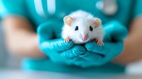 White laboratory mouse held gently in turquoise medical gloves, close-up portrait showing curious expression and pink nose against blurred background.