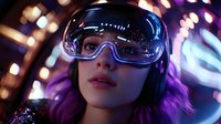Young woman wearing futuristic protective goggles with neon city lights reflection at night, purple hair and modern cyberpunk style makeup against urban background.