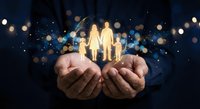 Hands holding glowing family figures with bokeh lights background representing protection, care, insurance and support concepts for business presentations.