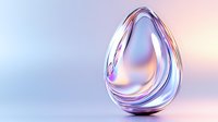 Iridescent glass egg shape with holographic reflections on soft pastel background. Abstract modern art sculpture with smooth curved surface and rainbow light effects.