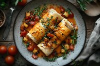 Grilled cod fillets served with fresh cherry tomato sauce and herbs on rustic ceramic plate, overhead view of gourmet seafood dish with vibrant colors.