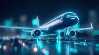 Glowing neon passenger aircraft on dark runway with blue bokeh lights creating futuristic atmosphere. Modern transportation and aviation concept.