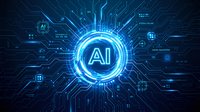 Glowing artificial intelligence circuit board with bright blue AI symbol at center surrounded by digital network connections and tech elements.