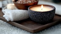 Glowing aromatherapy candle in textured black ceramic holder on wooden tray with white spa towel and bath salt, creating peaceful spa atmosphere.