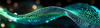 Abstract digital wave of glowing particles with bokeh effect on dark background, futuristic technology concept for data visualization.