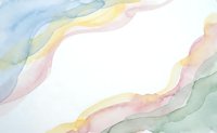 Soft watercolor abstract background with flowing pastel waves in pink, yellow, green and blue tones creating organic curved shapes on white paper texture.