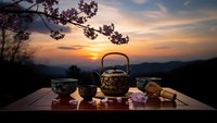 Traditional Japanese tea ceremony set with cast iron teapot and cups on wooden table at sunset with cherry blossoms, peaceful mountain landscape background.