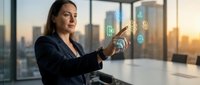 Businesswoman with long dark hair and olive complexion wearing dark blazer interacts with digital financial icons and data visualizations on transparent screen in modern office with city skyline at sunset.