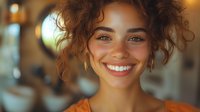 Young woman with curly brown hair and radiant smile against blurred warm background, natural beauty portrait showcasing genuine happiness and confidence.