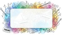 Colorful musical instruments frame with rainbow gradient border featuring piano keys, guitars, violins, trumpets and musical notes on white background.