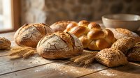 Freshly baked artisan bread loaves with sesame and poppy seeds arranged with wheat stalks on wooden surface for bakery and food styling.