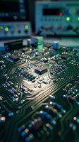 Close-up macro view of green circuit board with microchip and electronic components in technology laboratory with blurred equipment background.