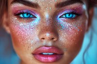 Young woman with bright blue eyes and glittery makeup featuring holographic sparkles on face and cheeks for beauty and fashion concepts.