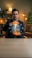 Middle-aged male professional in business suit holding holographic digital interface with cloud computing icons and security symbols in modern office environment.