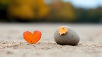 Heart shaped orange autumn leaf and smooth river stone with maple leaf on sandy beach against blurred fall foliage background. Zen nature composition.