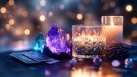 Mystical crystal healing setup with amethyst geodes, burning candle in crystal glass, and tarot cards on wooden surface with warm bokeh lights background.