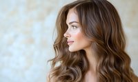 Young Caucasian woman with wavy brown hair and natural makeup in profile view against light background, showing healthy glowing skin and soft smile. Professional beauty portrait.