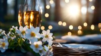 Romantic dinner setting with champagne glasses, white spring flowers and soft bokeh lights creating intimate atmosphere for special celebration.