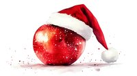 Fresh red apple wearing Santa Claus hat with snow sparkles and watercolor splashes on white background, festive Christmas food composition.