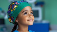 Young mixed race female pediatric patient wearing colorful surgical cap with cartoon pattern smiles optimistically in medical setting, representing hope and positive healthcare experience.