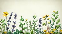 Watercolor herbs and wildflowers border with lavender, yellow blooms, and green leaves on light background, perfect for natural wellness design.