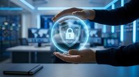 Business professional protecting digital security shield with padlock icon in modern office environment for cybersecurity and data protection concepts.