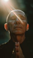 Serene mature man with closed eyes bathed in divine light rays during meditation, conveying peace, spirituality and mindfulness practice.