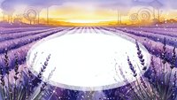 Watercolor lavender field with empty white circle space for text at sunset with purple flowers and golden sky background for design projects.