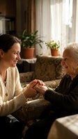 Young Caucasian female caregiver holding hands with elderly Caucasian woman in cozy living room with warm sunlight and plants on windowsill.