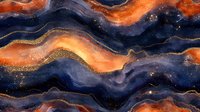 Abstract fluid art with navy blue and orange waves featuring gold accents, creating a luxurious cosmic marble effect for modern interior design.