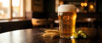 Golden beer glass with foam on wooden table next to wheat and hops in warm pub atmosphere with bokeh lights creating cozy drinking establishment ambiance.