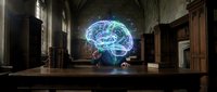 Glowing neon brain hologram floating above wooden table in gothic cathedral interior with arched ceilings and stained glass windows, representing artificial intelligence and digital technology.