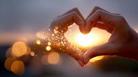 Hands forming heart shape against sunset with magical sparkles and bokeh lights creating romantic atmosphere. Silhouette captures golden hour glow through fingers.