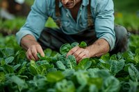 Middle-aged male farmer in casual workwear carefully inspecting fresh green lettuce leaves growing in organic garden. Close-up view of hands checking crop quality.