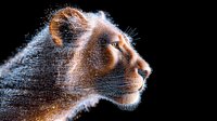 Majestic lioness profile with glowing particles and light effects creating ethereal atmosphere against black background, digital art style wildlife portrait.