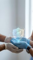 Healthcare professional wearing protective gloves holding glowing shield with leaf symbol, representing medical safety, wellness protection, and eco-friendly healthcare solutions for pharmaceutical and health industry use.