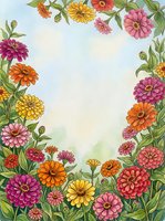 Watercolor zinnia flower frame border with colorful blooms in pink, orange, yellow and red on soft blue sky background with copy space.