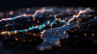 Financial data visualization with glowing blue charts and graphs on dark digital background for business analytics and market research presentations.