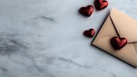 Red glitter hearts and kraft paper envelope on marble background, romantic love letter concept for Valentine's Day, wedding or anniversary celebration.